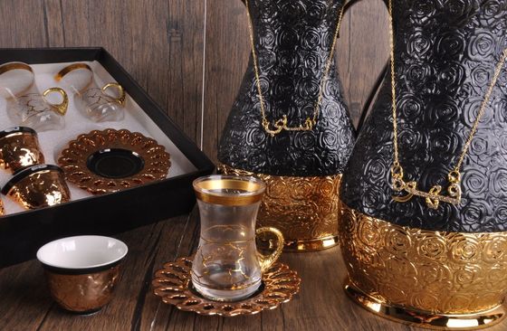 Im Lager Royal Schwarzgold Arabisches Glas Liner Carefe Porzellan Cawa Tasse 1L Tee Kaffee Wasserkocher Set Dallah Topf Arabische Kaffee Vakuum Flaschen