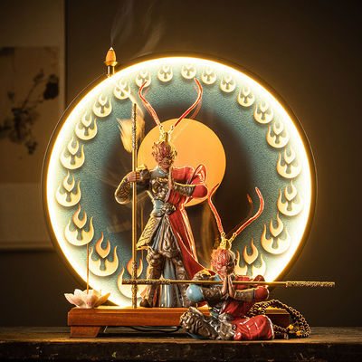 Keramischer Sonne Wukong Weihrauchhalter LED Licht Schwarz Mythischer Brenner für Heimdekoration