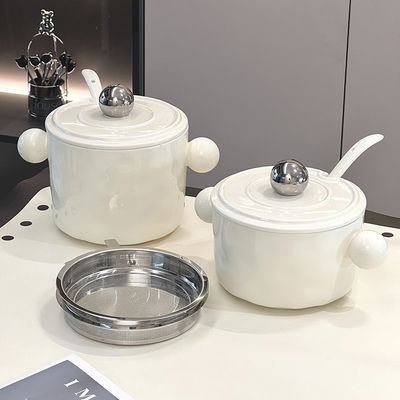 Keramische Schüssel mit Doppelgriffe, mit Edelstahldeckel und Mikrowellenvorrichtung 1000 ml