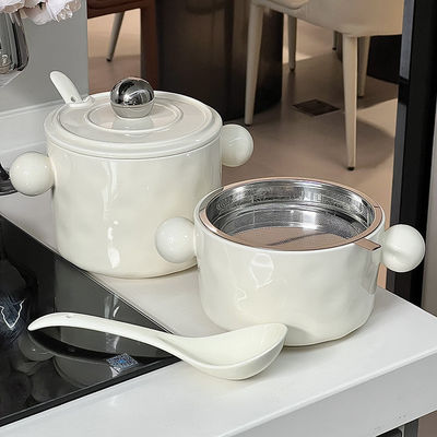 Stylische 1000 ml Keramik-Nudelschale mit Doppelgriffe und Edelstahldeckel