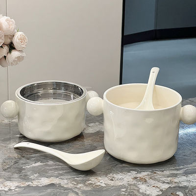 Stylische 1000 ml Keramik-Nudelschale mit Doppelgriffe und Edelstahldeckel