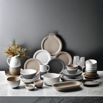 Nordic Keramik Tischgeschirr Set mit matte Glasur Relief Design Tassen Schalen Teller Teller