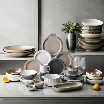 Nordic Keramik Tischgeschirr Set mit matte Glasur Relief Design Tassen Schalen Teller Teller