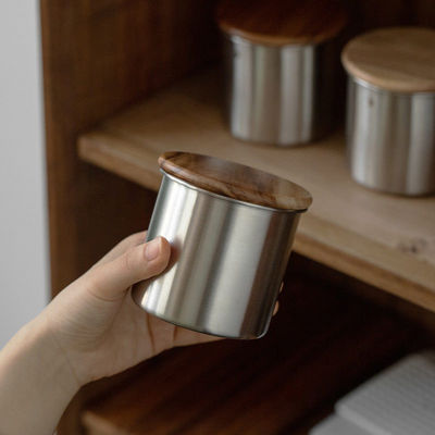 11/12/13/14cm Größen Moderne Design Edelstahl Vakuum-Speicher Kanister Holzdeckel für Kaffeebohnen Tee Getreide