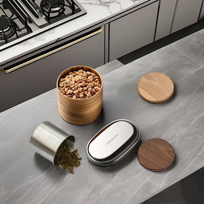 11/12/13/14cm Größen Moderne Design Edelstahl Vakuum-Speicher Kanister Holzdeckel für Kaffeebohnen Tee Getreide
