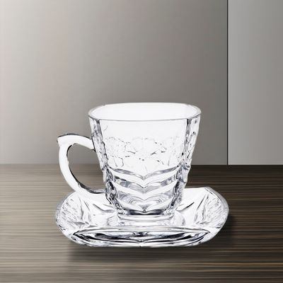 Klassisches Design Kaffee-Tee-Sets Transparente Glas-Tasse-Teller-Set mit Mustergriffe