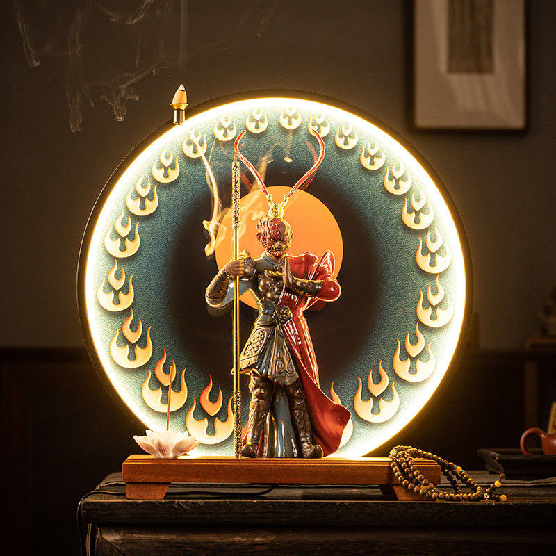 Innenarchitektur Skulptur 2024 Schwarzer Keramik Sonne Wukong Weihrauchhalter mit LED-Licht