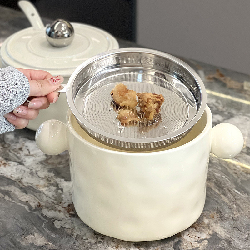 Keramische Schüssel mit Doppelgriffe, mit Edelstahldeckel und Mikrowellenvorrichtung 1000 ml