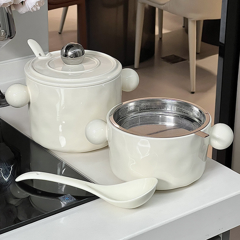 Stylische 1000 ml Keramik-Nudelschale mit Doppelgriffe und Edelstahldeckel