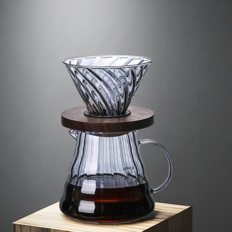 Tragbare Cappuccino-Tropfkanne für Erwachsene mit Holzständer und Glastrichter