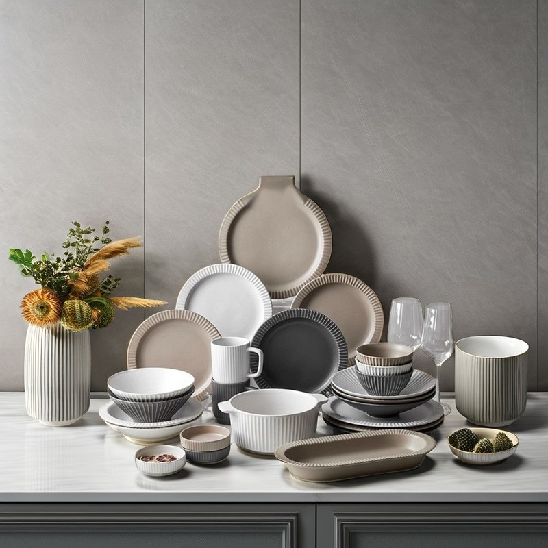 Modernes skandinavisches Reliefmuster Matte Keramik-Dinnerware-Set Einweg und modern