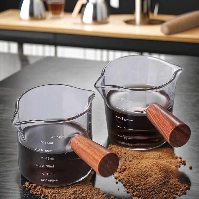 Durchsichtige Glasbecher mit Holzgriff Doppelmund Kaffee/Milchbecher 75ml/150ml