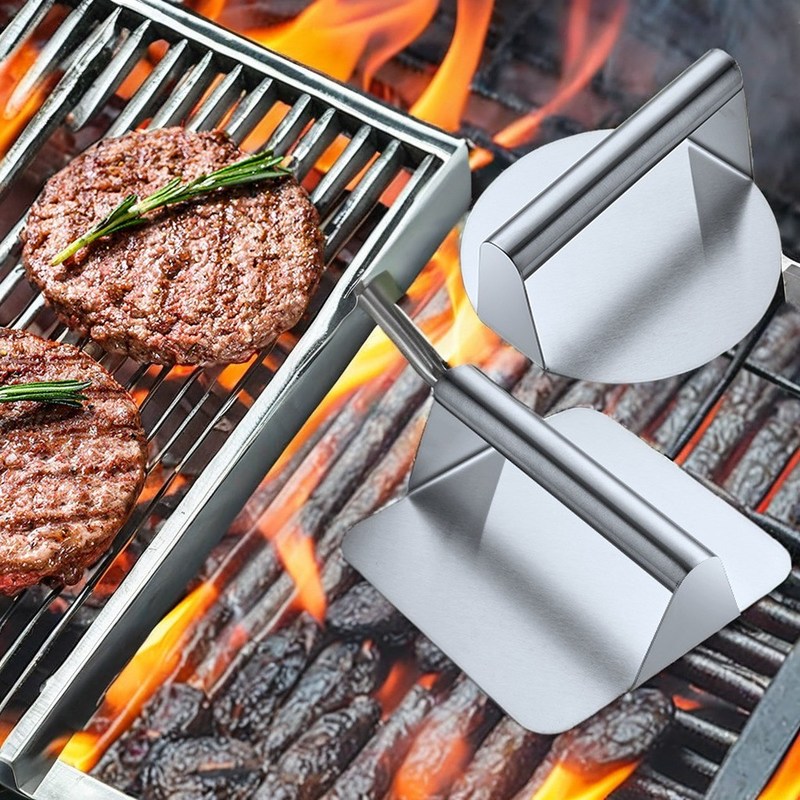 Quadratische Edelstahl Burger Press nicht klebende Stoff-Smasher für Bbq Zubehör Werkzeug-Set