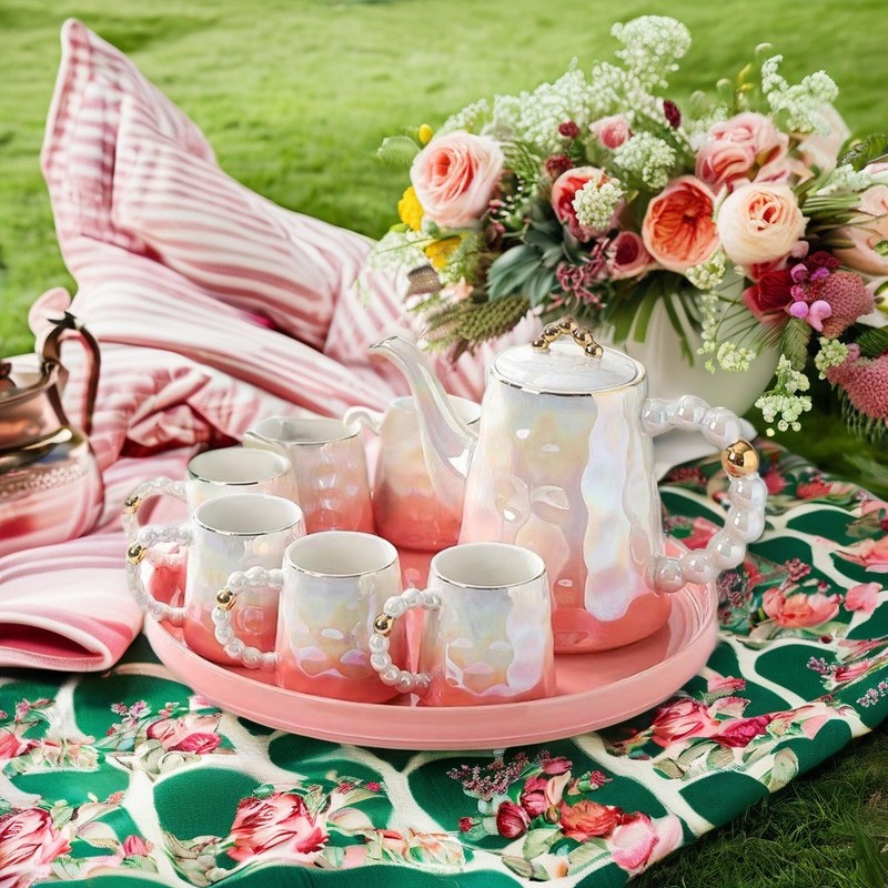 Modernes Luxus-Pink-Keramik-Tee-Tassen-Set mit Schalen-Design und Schüssel für Nachmittagstee