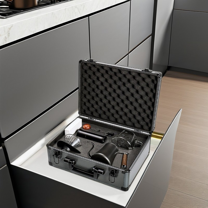 Handgebrühte Kaffeekiste mit Filter Topf Filterpapier und Skala Modernes Vintage Design