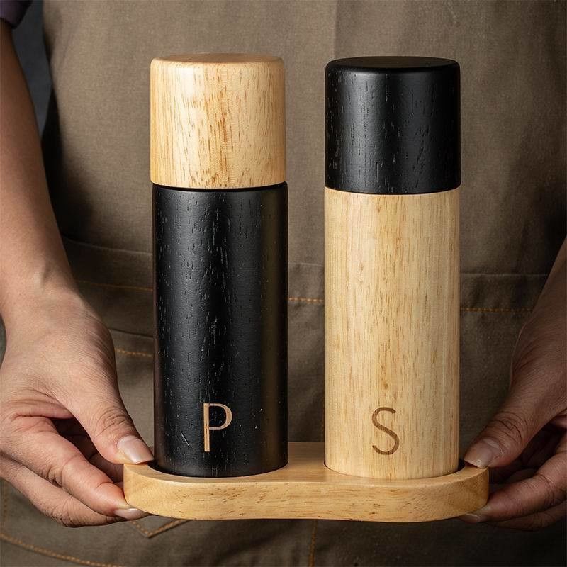 Personalisiertes Logo Einstellbares 7-Zoll-Eichenholz-Salz- und Pfeffermühle-Set mit Keramikkern