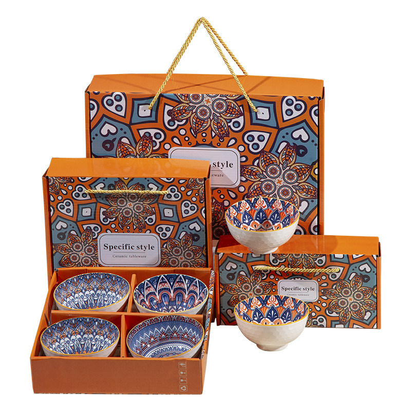 Exquisite Bohemian Design Keramik Schüssel Set von 4 in Geschenkbox mit Teller und Stäbchen